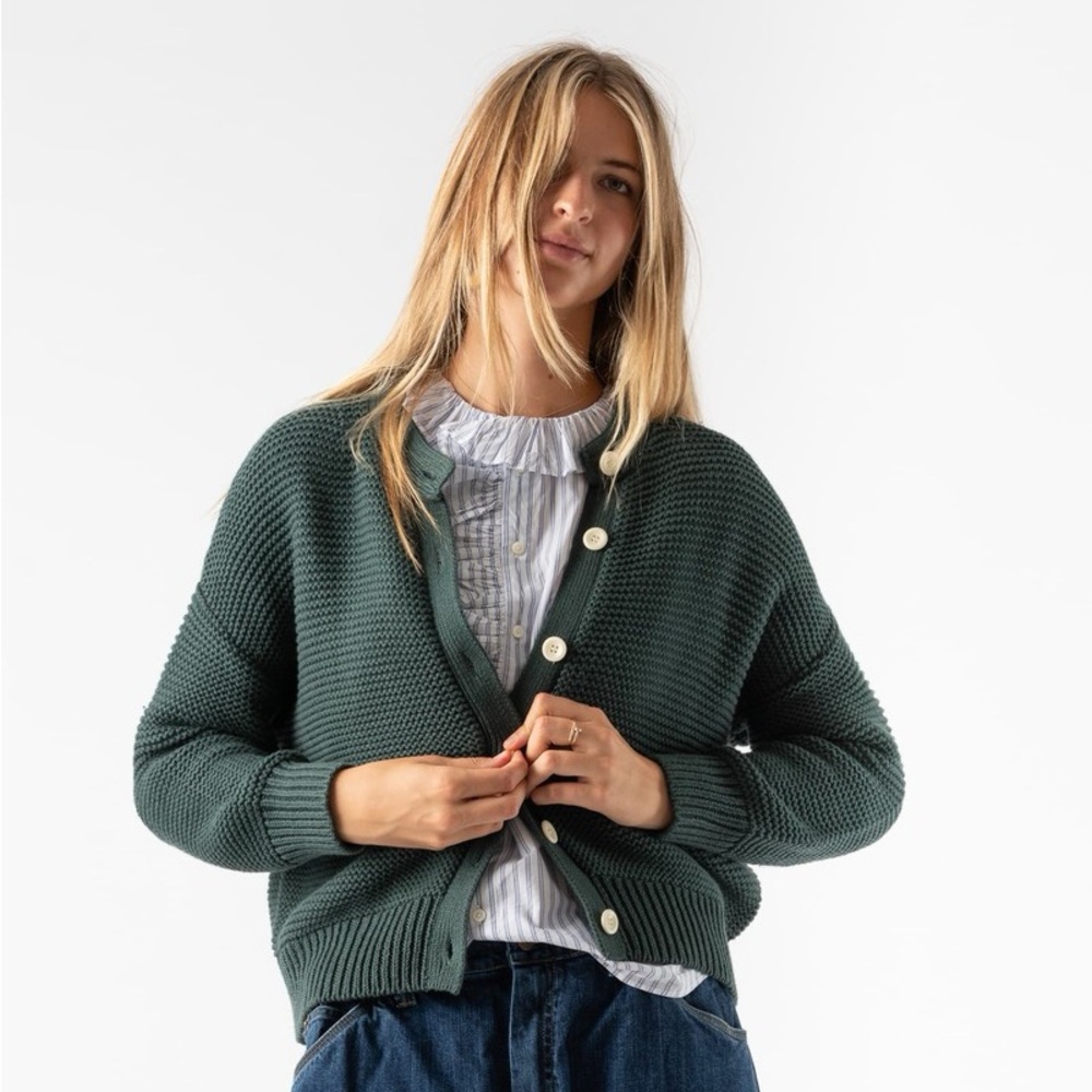 ALEX MILL NICO CHUNKY CARDIGAN - DARK SPRUCE SIZE S